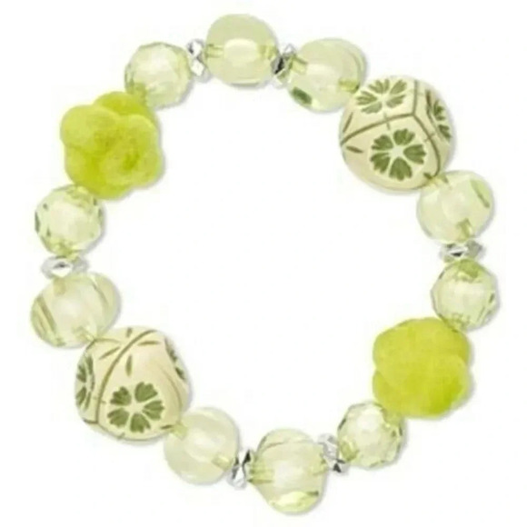 Chunky Green Cream Fuzzy & Flower Beads Nugget Stretch Bracelet - Picture 1 of 1